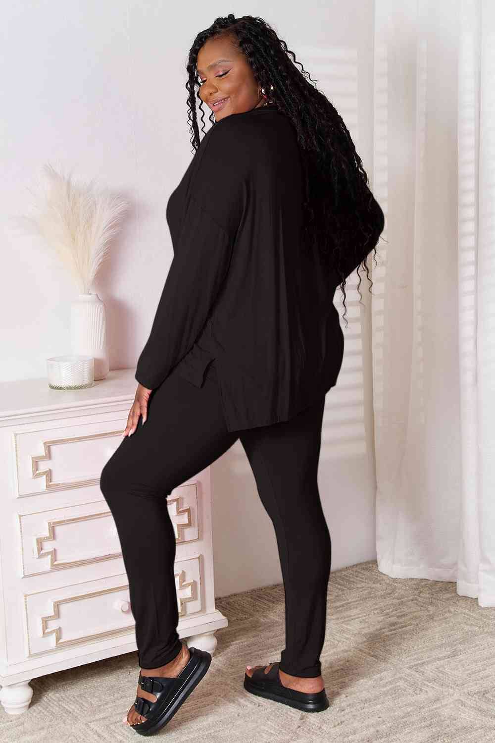 Basic Bae 2 pcs V Neck Soft Rayon Long Sleeve Top and Pants Loungewear Set Sleepwear & Loungewear jehouze