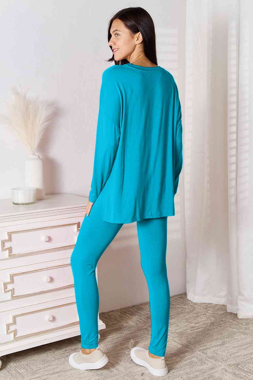 Basic Bae 2 pcs V Neck Soft Rayon Long Sleeve Top and Pants Loungewear Set Sleepwear & Loungewear jehouze