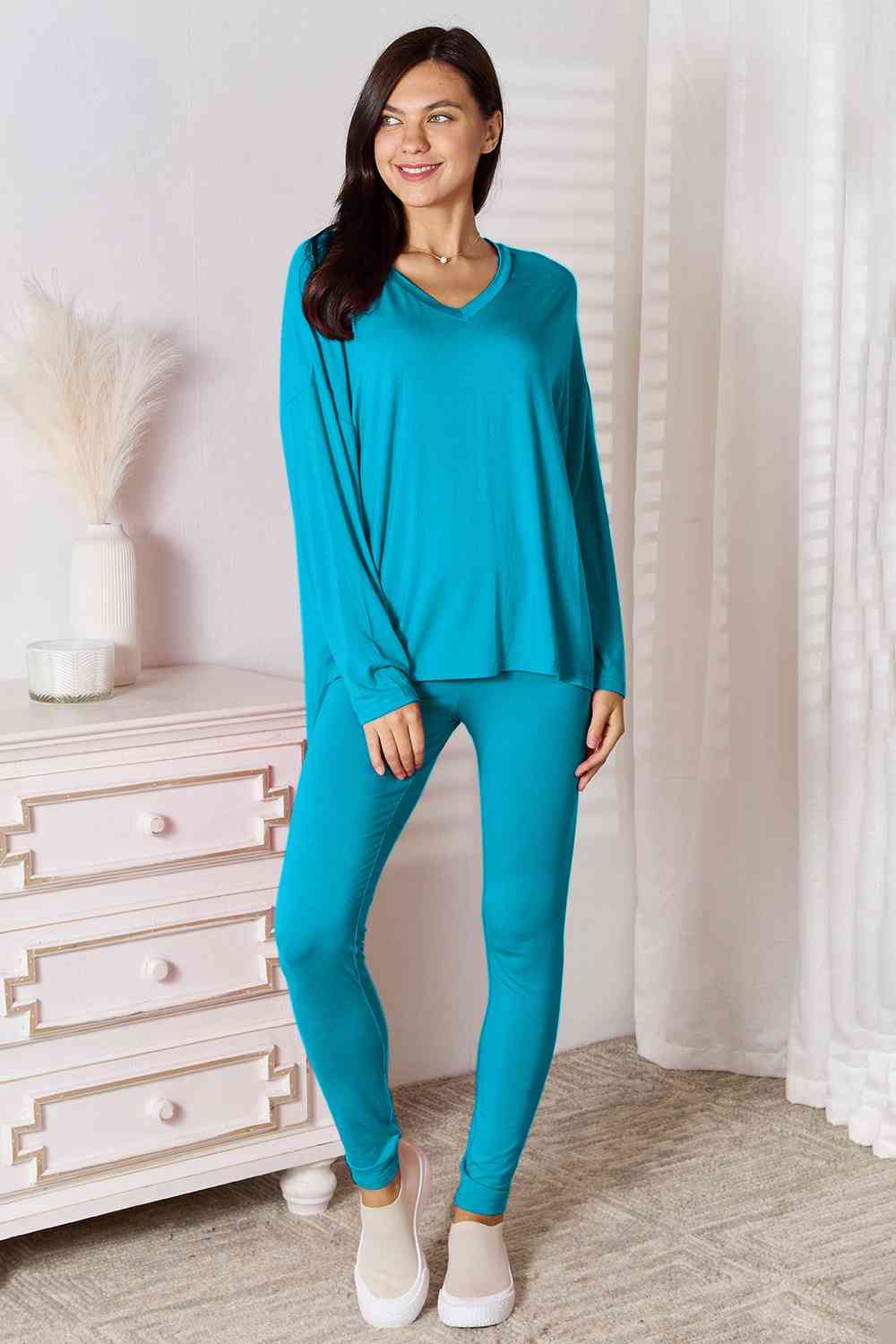 Basic Bae 2 pcs V Neck Soft Rayon Long Sleeve Top and Pants Loungewear Set Sleepwear & Loungewear jehouze