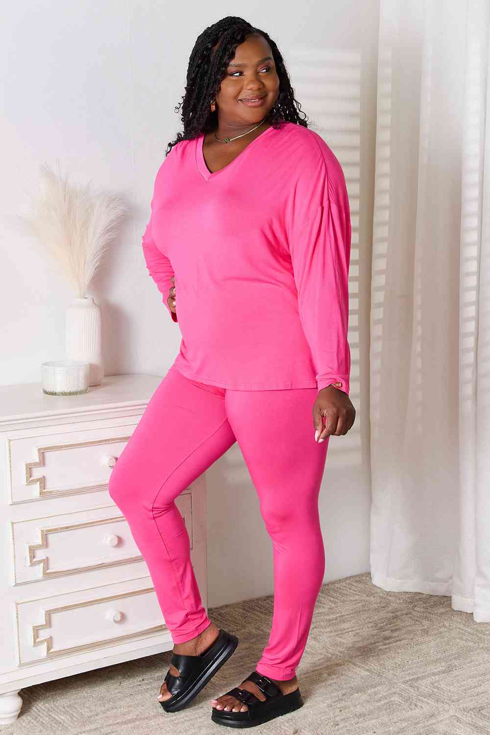 Basic Bae 2 pcs V Neck Soft Rayon Long Sleeve Top and Pants Loungewear Set Sleepwear & Loungewear jehouze 