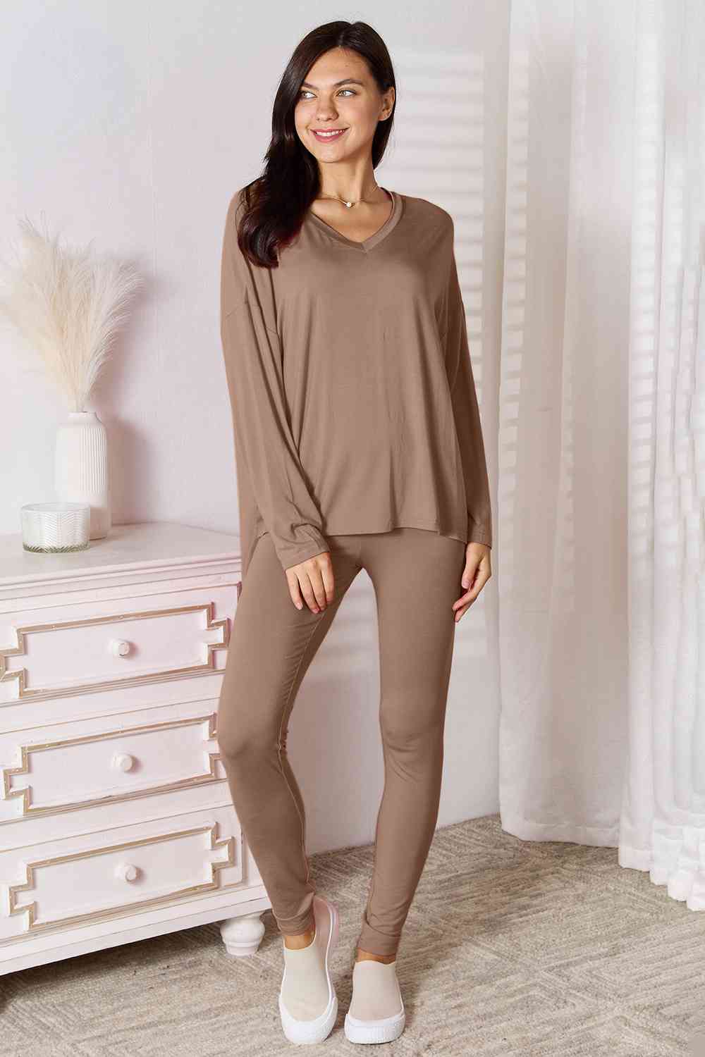 Basic Bae 2 pcs V Neck Soft Rayon Long Sleeve Top and Pants Loungewear Set Sleepwear & Loungewear jehouze