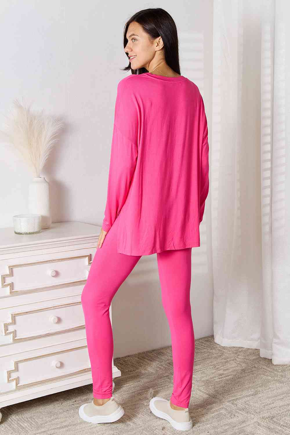 Basic Bae 2 pcs V Neck Soft Rayon Long Sleeve Top and Pants Loungewear Set Sleepwear & Loungewear jehouze
