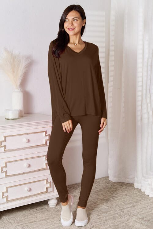 Basic Bae 2 pcs V Neck Soft Rayon Long Sleeve Top and Pants Loungewear Set Sleepwear & Loungewear jehouze