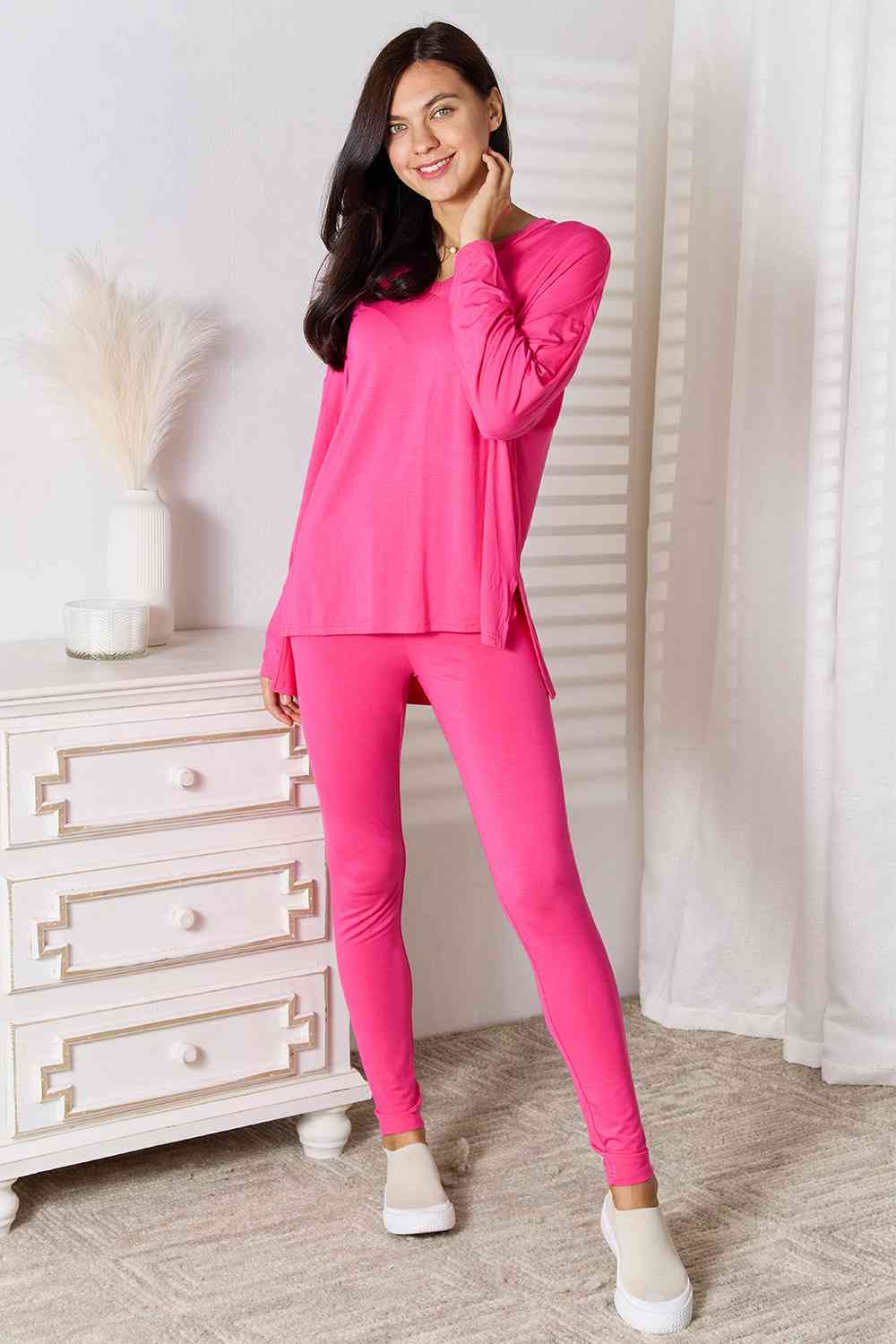 Basic Bae 2 pcs V Neck Soft Rayon Long Sleeve Top and Pants Loungewear Set Sleepwear & Loungewear jehouze