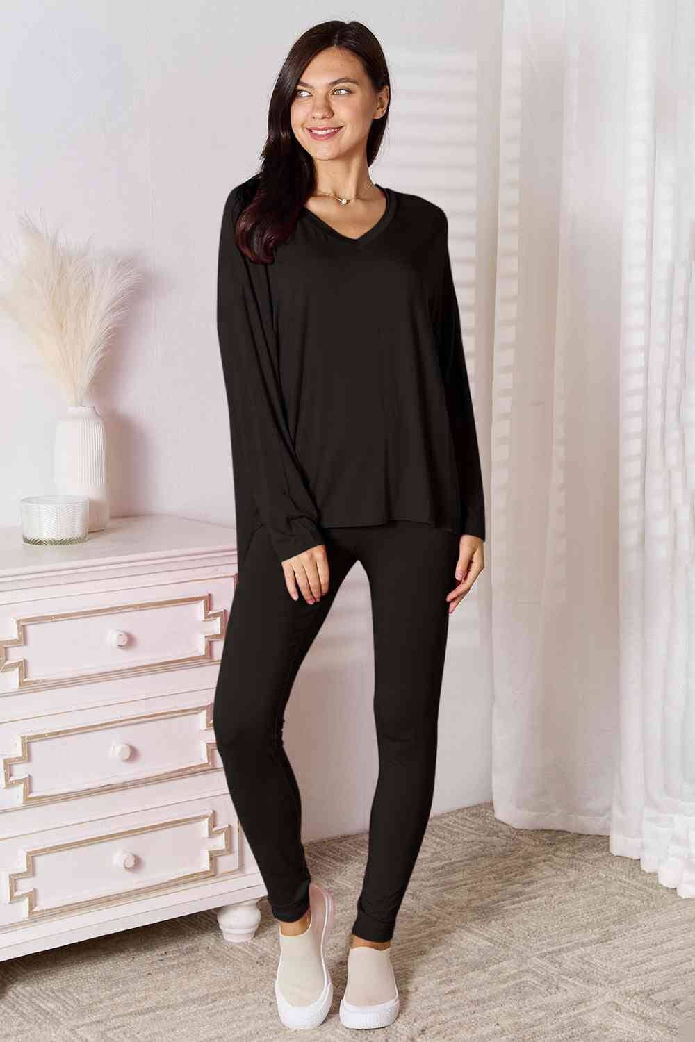 Basic Bae 2 pcs V Neck Soft Rayon Long Sleeve Top and Pants Loungewear Set Sleepwear & Loungewear jehouze Black S