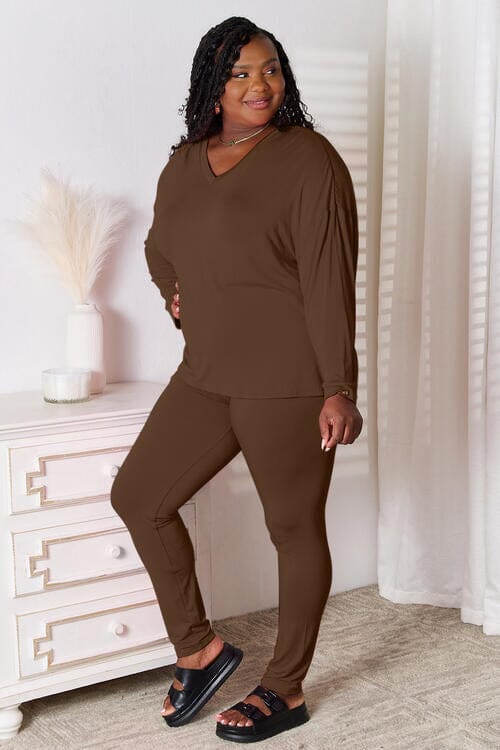 Basic Bae 2 pcs V Neck Soft Rayon Long Sleeve Top and Pants Loungewear Set Sleepwear & Loungewear jehouze Chocolate S