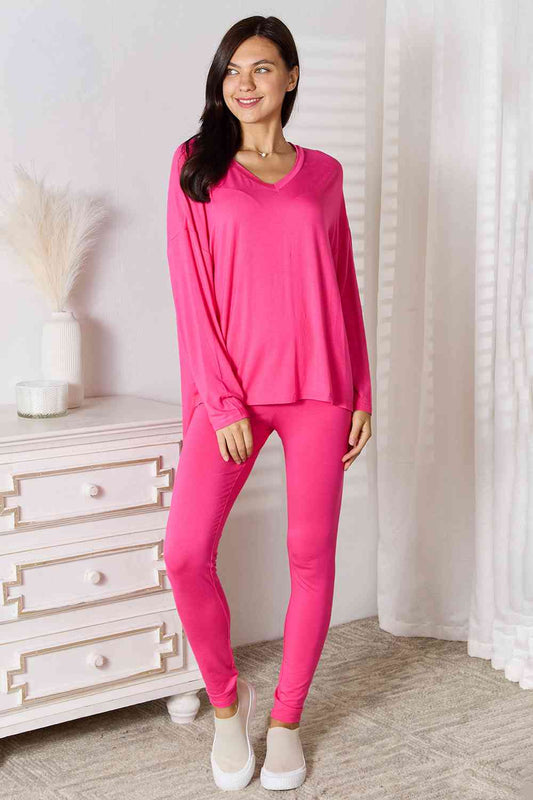 Basic Bae 2 pcs V Neck Soft Rayon Long Sleeve Top and Pants Loungewear Set Sleepwear & Loungewear jehouze Hot Pink S