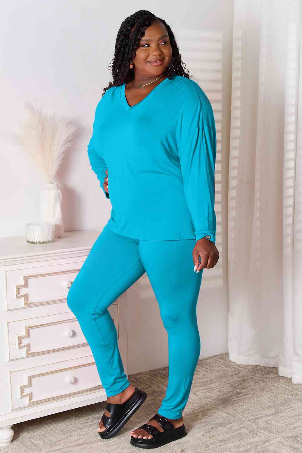 Basic Bae 2 pcs V Neck Soft Rayon Long Sleeve Top and Pants Loungewear Set Sleepwear & Loungewear jehouze Sky Blue S