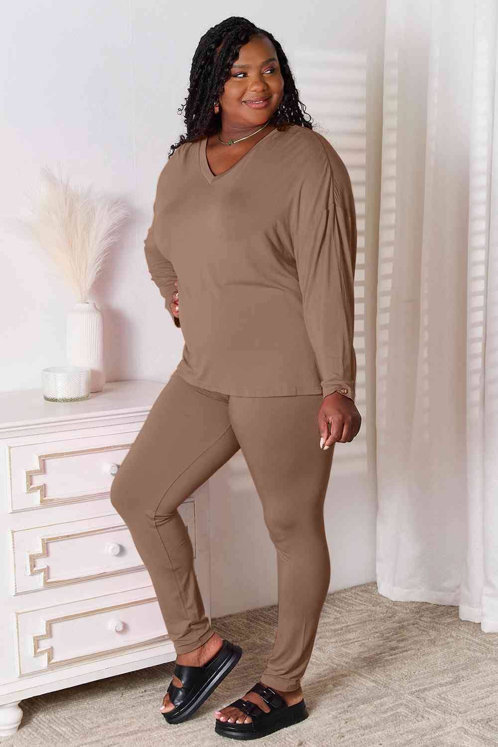 Basic Bae 2 pcs V Neck Soft Rayon Long Sleeve Top and Pants Loungewear Set Sleepwear & Loungewear jehouze Taupe S