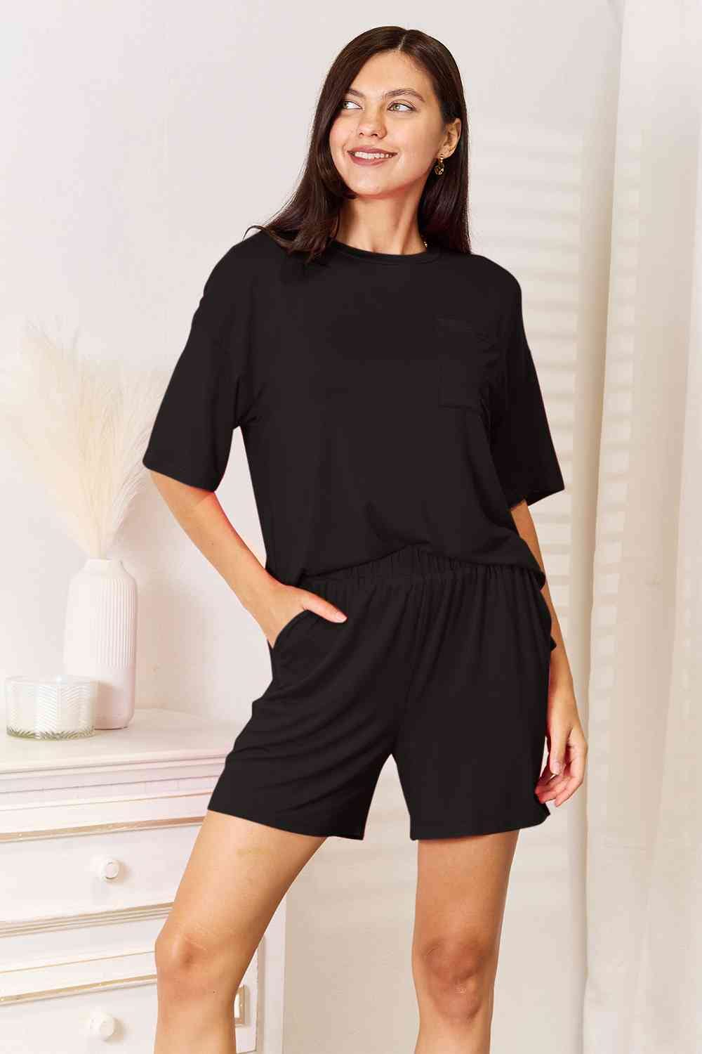 Basic Bae 2 piece Soft Rayon Stretchy Half Sleeve Top and Shorts Loungewear Set Sleepwear & Loungewear jehouze Black S