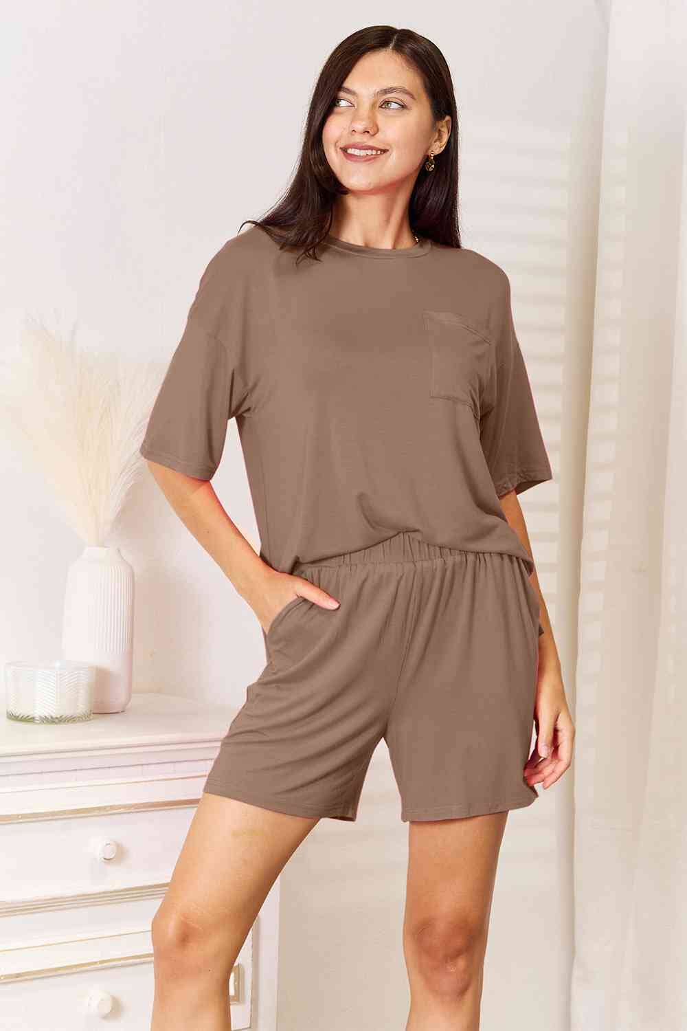 Basic Bae 2 piece Soft Rayon Stretchy Half Sleeve Top and Shorts Loungewear Set Sleepwear & Loungewear jehouze Taupe S