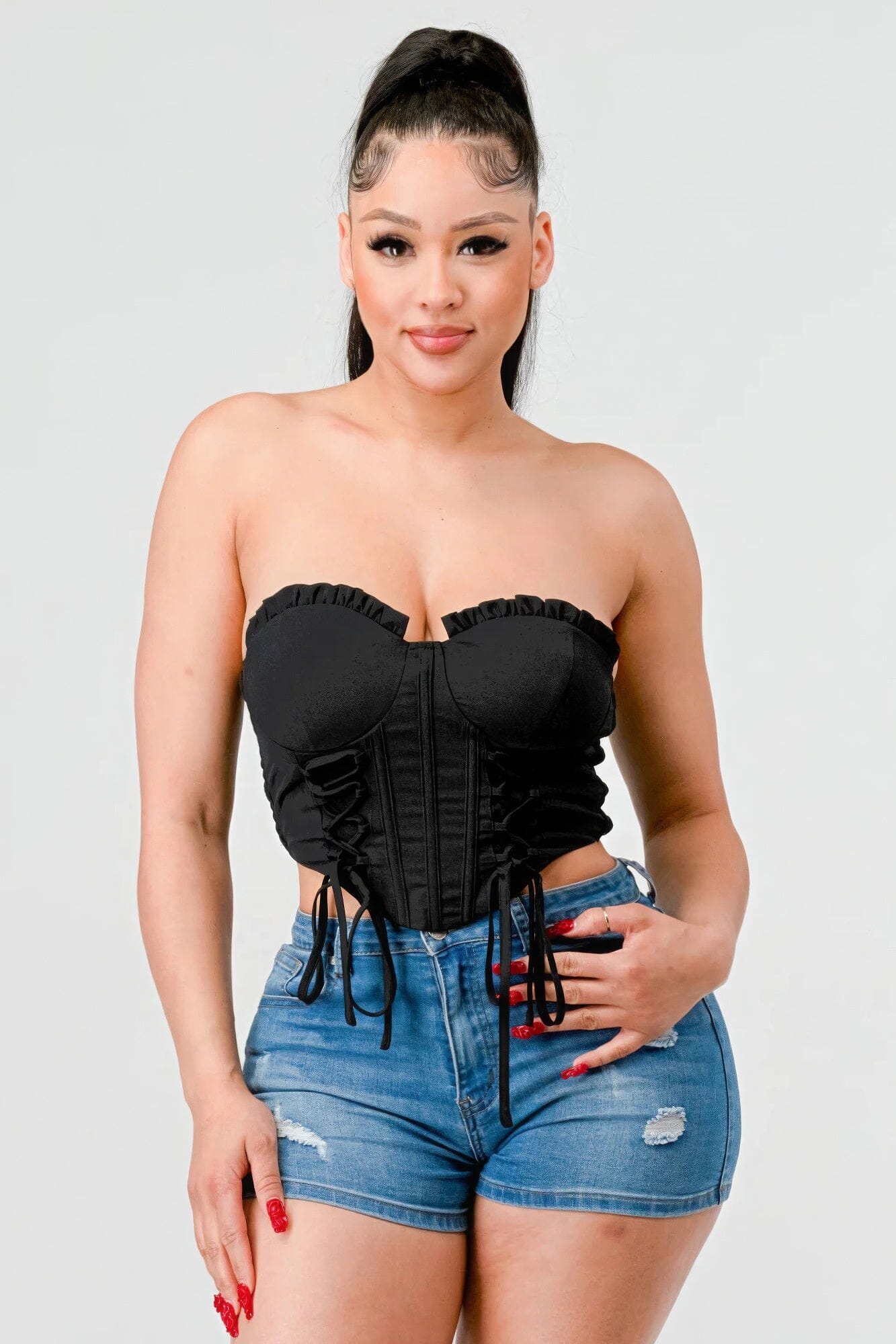 Black Luxe sweetheart ruffled drawstring lace bustier top Shirts & Tops jehouze