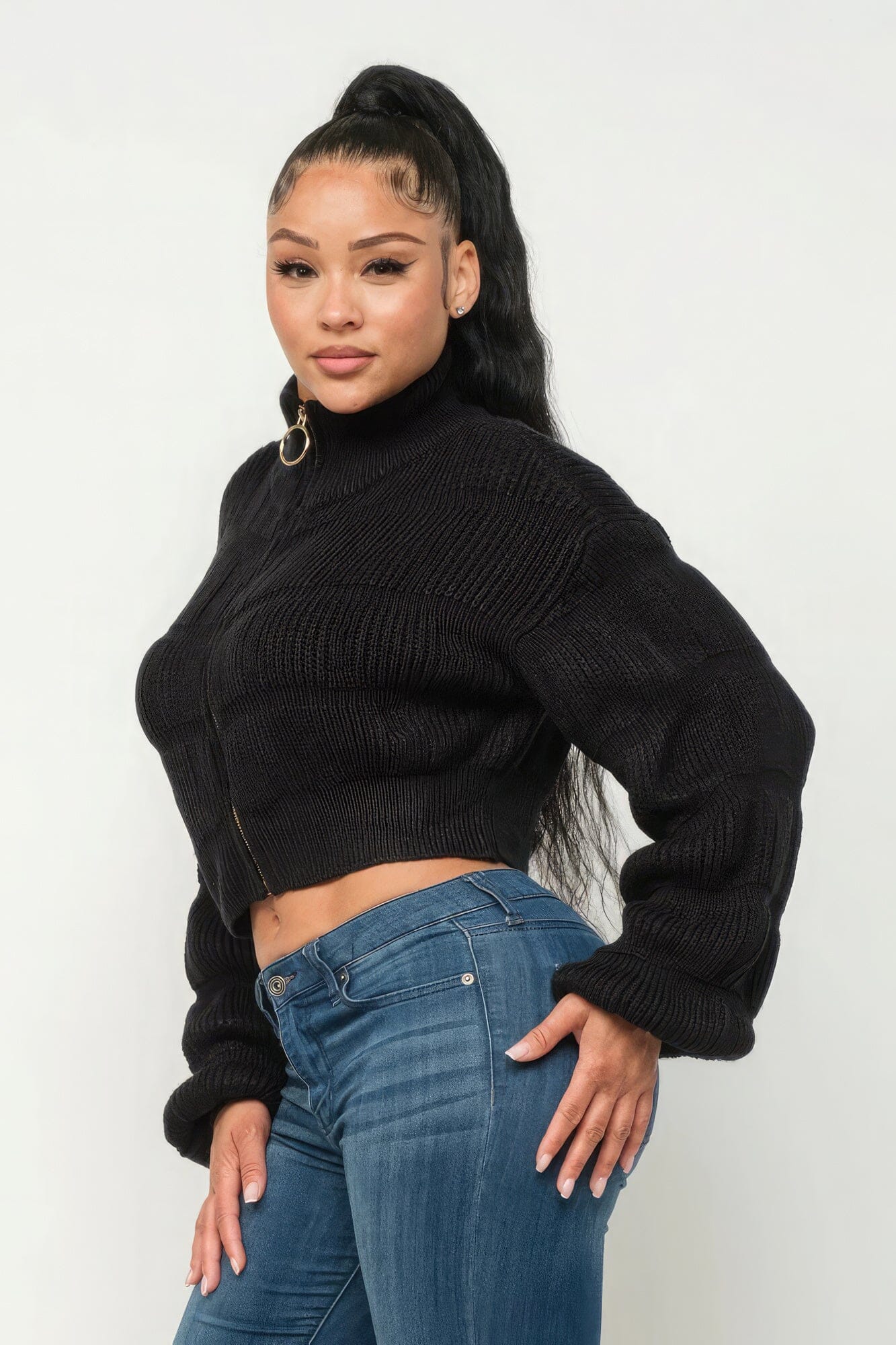 Black Michelin Front Zipper Sweater Crop Top Shirts & Tops jehouze