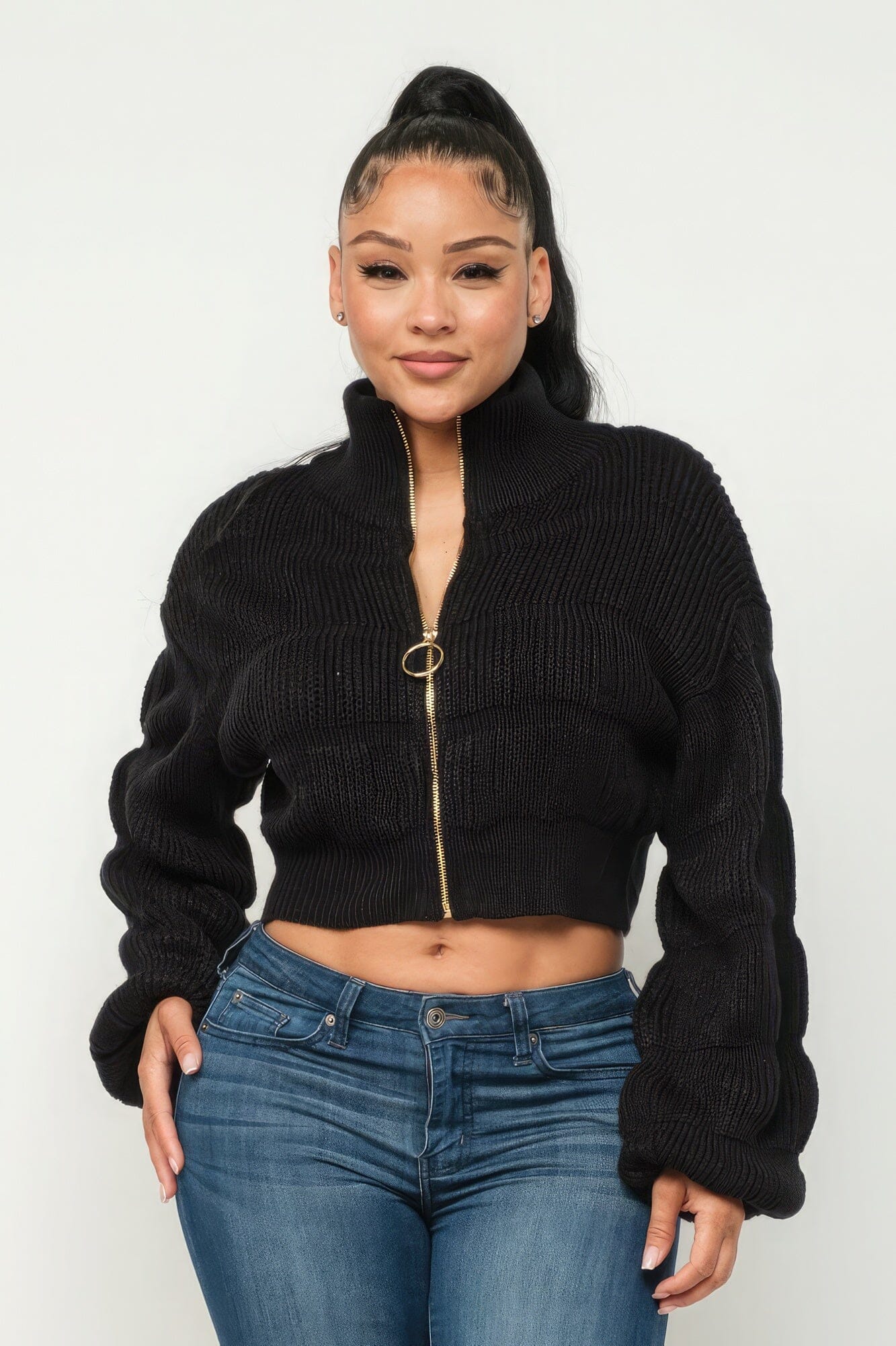 Black Michelin Front Zipper Sweater Crop Top Shirts & Tops jehouze