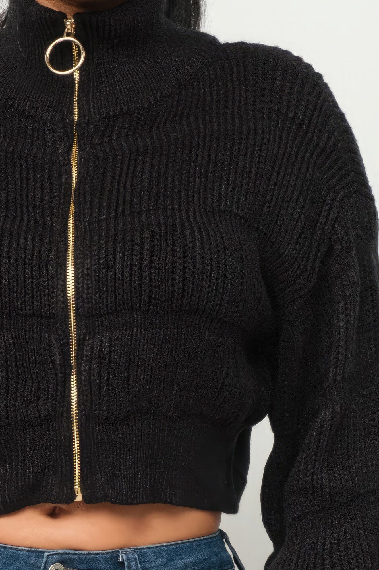 Black Michelin Front Zipper Sweater Crop Top Shirts & Tops jehouze