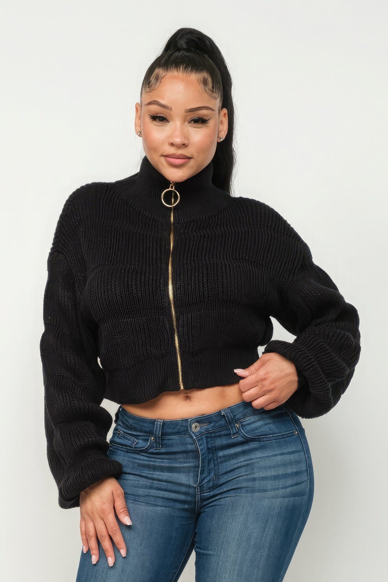 Black Michelin Front Zipper Sweater Crop Top Shirts & Tops jehouze