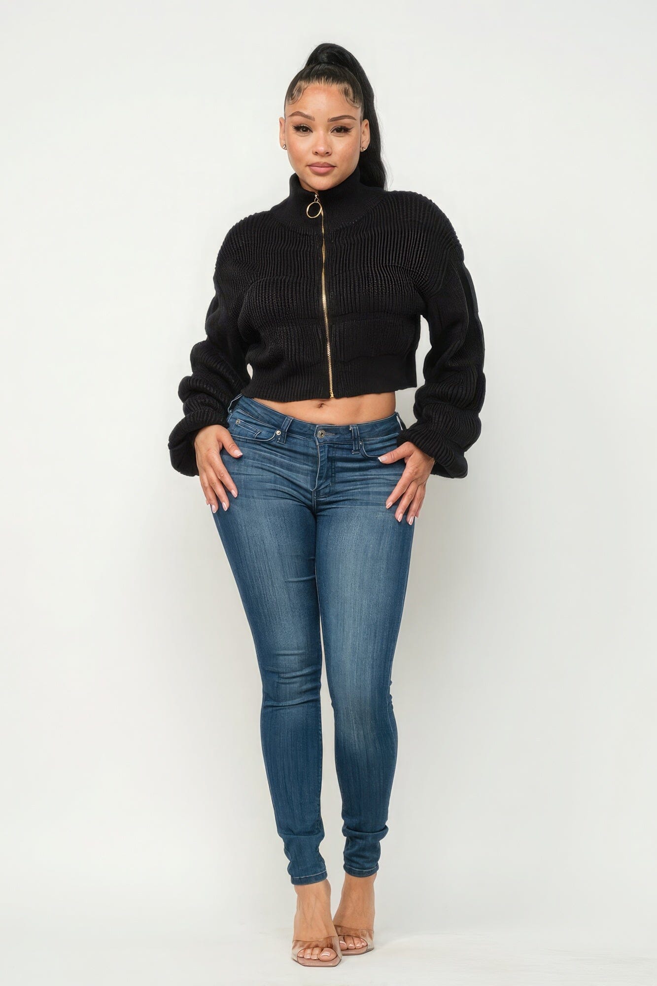 Black Michelin Front Zipper Sweater Crop Top Shirts & Tops jehouze S