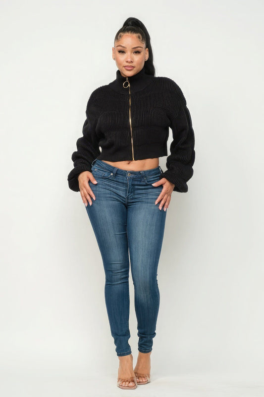 Black Michelin Front Zipper Sweater Crop Top Shirts & Tops jehouze S