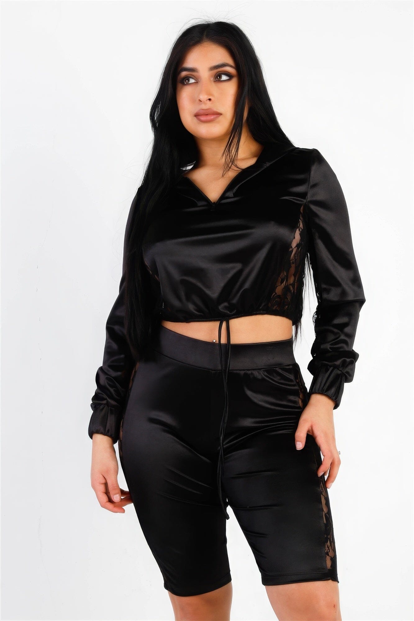 Black Satin Lace Details Long Sleeve Hooded Crop Top & Biker Short Set Outfit Sets jehouze