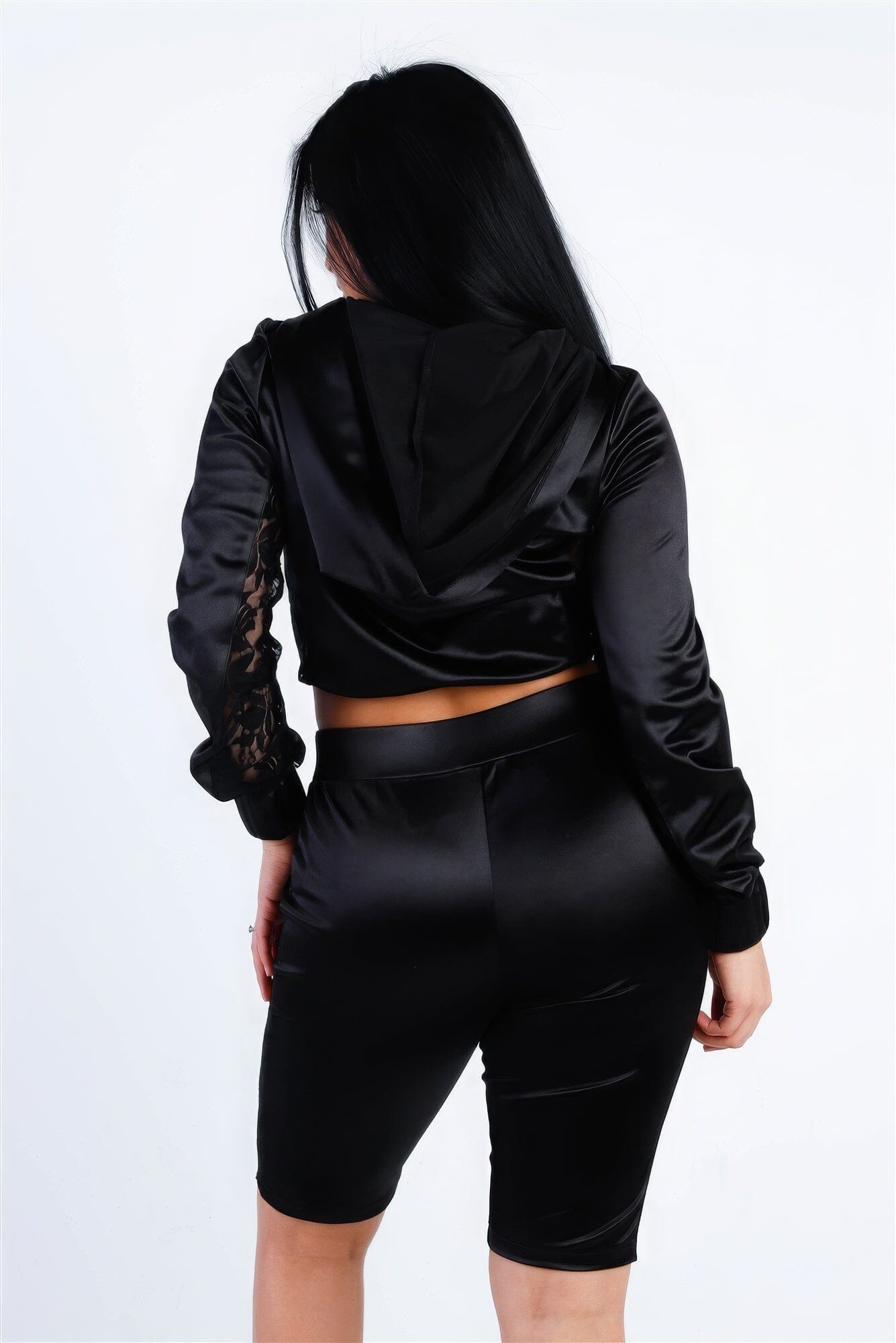 Black Satin Lace Details Long Sleeve Hooded Crop Top & Biker Short Set Outfit Sets jehouze