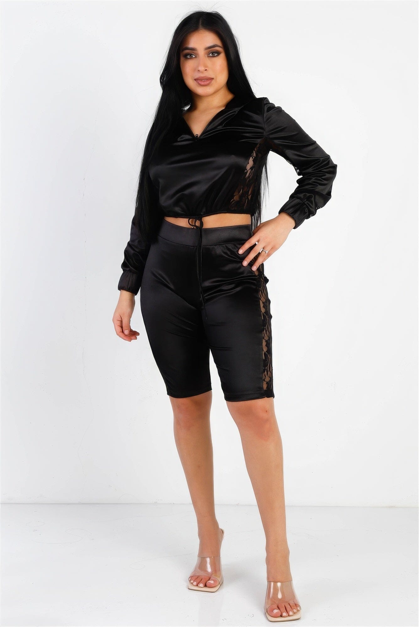 Black Satin Lace Details Long Sleeve Hooded Crop Top & Biker Short Set Outfit Sets jehouze S
