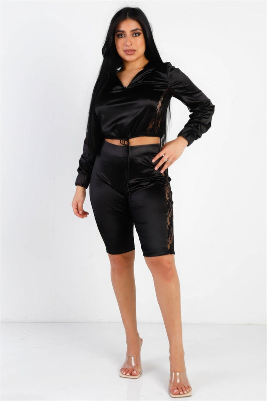 Black Satin Lace Details Long Sleeve Hooded Crop Top & Biker Short Set Outfit Sets jehouze S