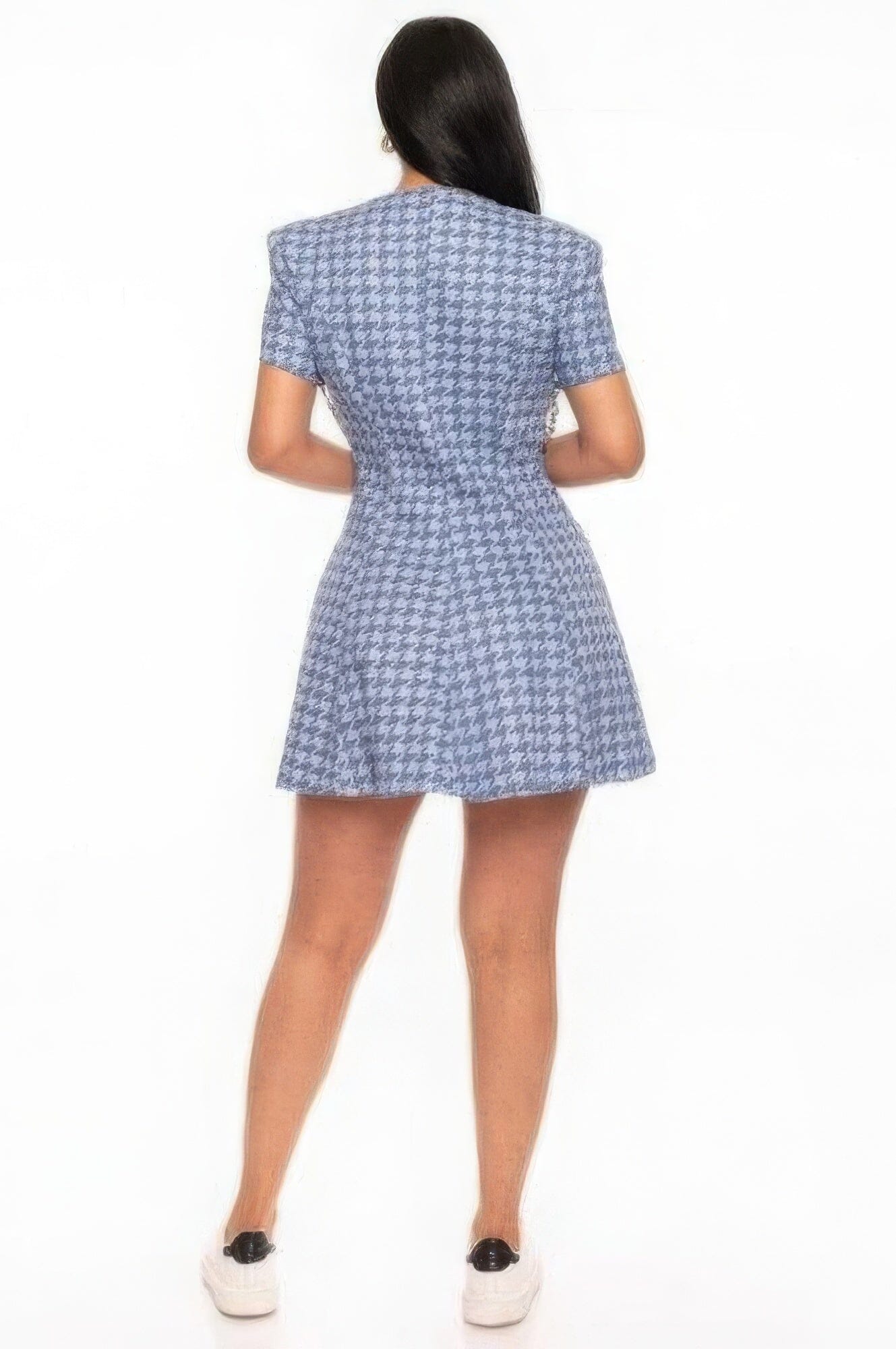 Blue Houndstooth Chain-belt Mini Dress Dresses jehouze