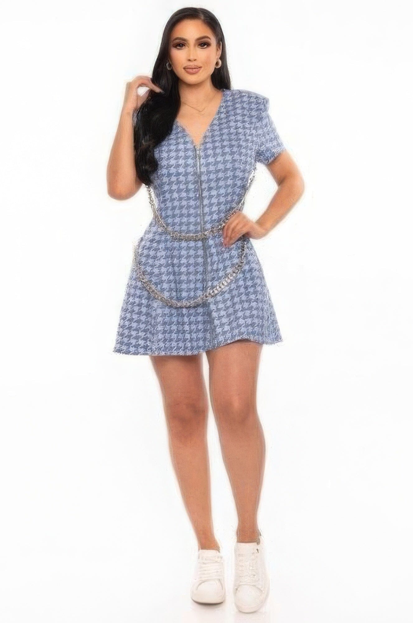 Blue Houndstooth Chain-belt Mini Dress Dresses jehouze S