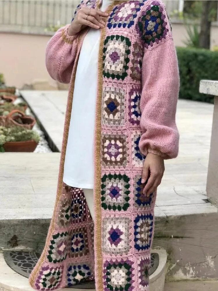 Bohemia Vintage Colored Plaid Flower Granny Square Hand Crochet Long Cardigan_ Coats & Jackets jehouze 