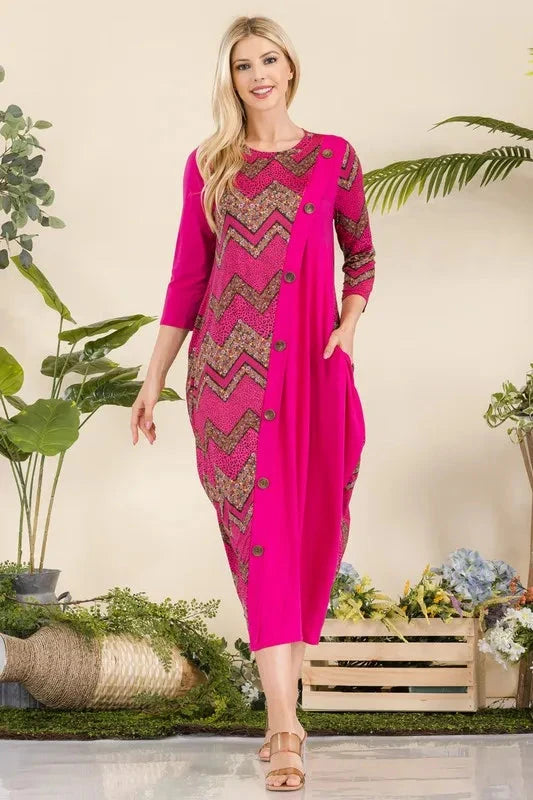 Celeste Plus Size Geo Print Paneled Midi Dress Dresses jehouze