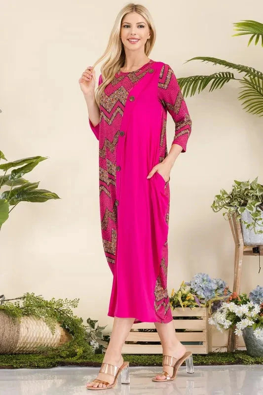 Celeste Plus Size Geo Print Paneled Midi Dress Dresses jehouze