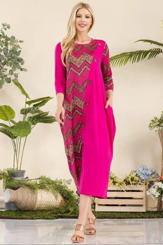 Celeste Plus Size Geo Print Paneled Midi Dress Dresses jehouze FUCHSIA GEOMETRIC S