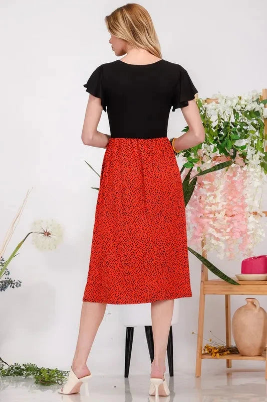 Celeste Plus Size Two Tone Animal Print Flutter Sleeve Midi Dress Dresses jehouze