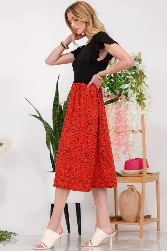 Celeste Plus Size Two Tone Animal Print Flutter Sleeve Midi Dress Dresses jehouze