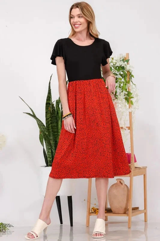 Celeste Plus Size Two Tone Animal Print Flutter Sleeve Midi Dress Dresses jehouze Red S