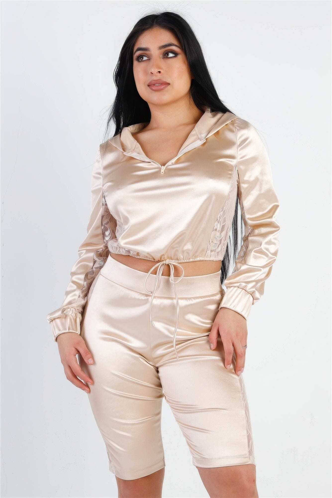 Champagne beige Satin Lace Details Long Sleeve Hooded Crop Top & Biker Short Set Outfit Sets jehouze