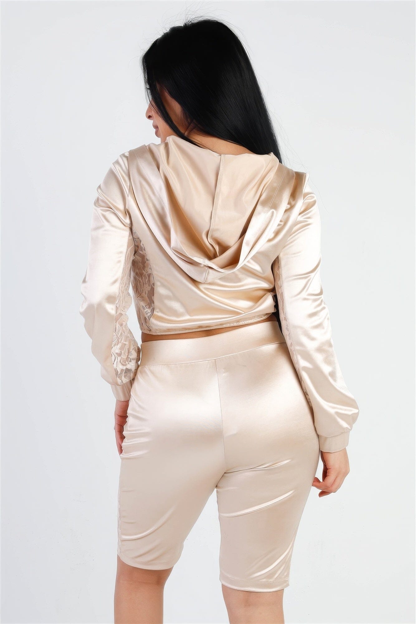 Champagne beige Satin Lace Details Long Sleeve Hooded Crop Top & Biker Short Set Outfit Sets jehouze