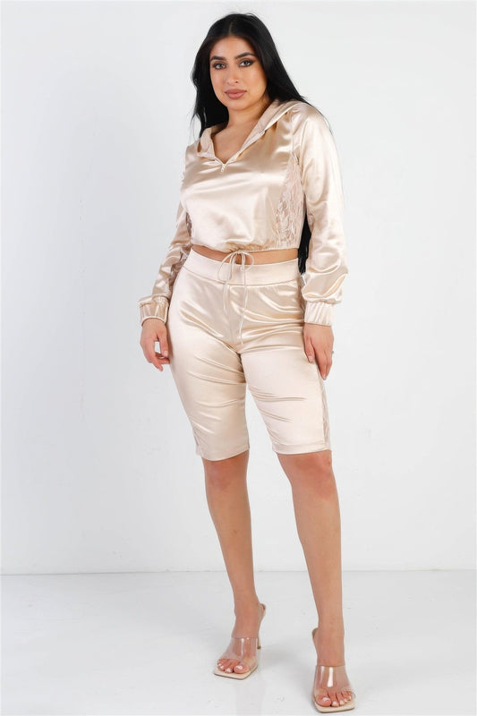Champagne beige Satin Lace Details Long Sleeve Hooded Crop Top & Biker Short Set Outfit Sets jehouze S