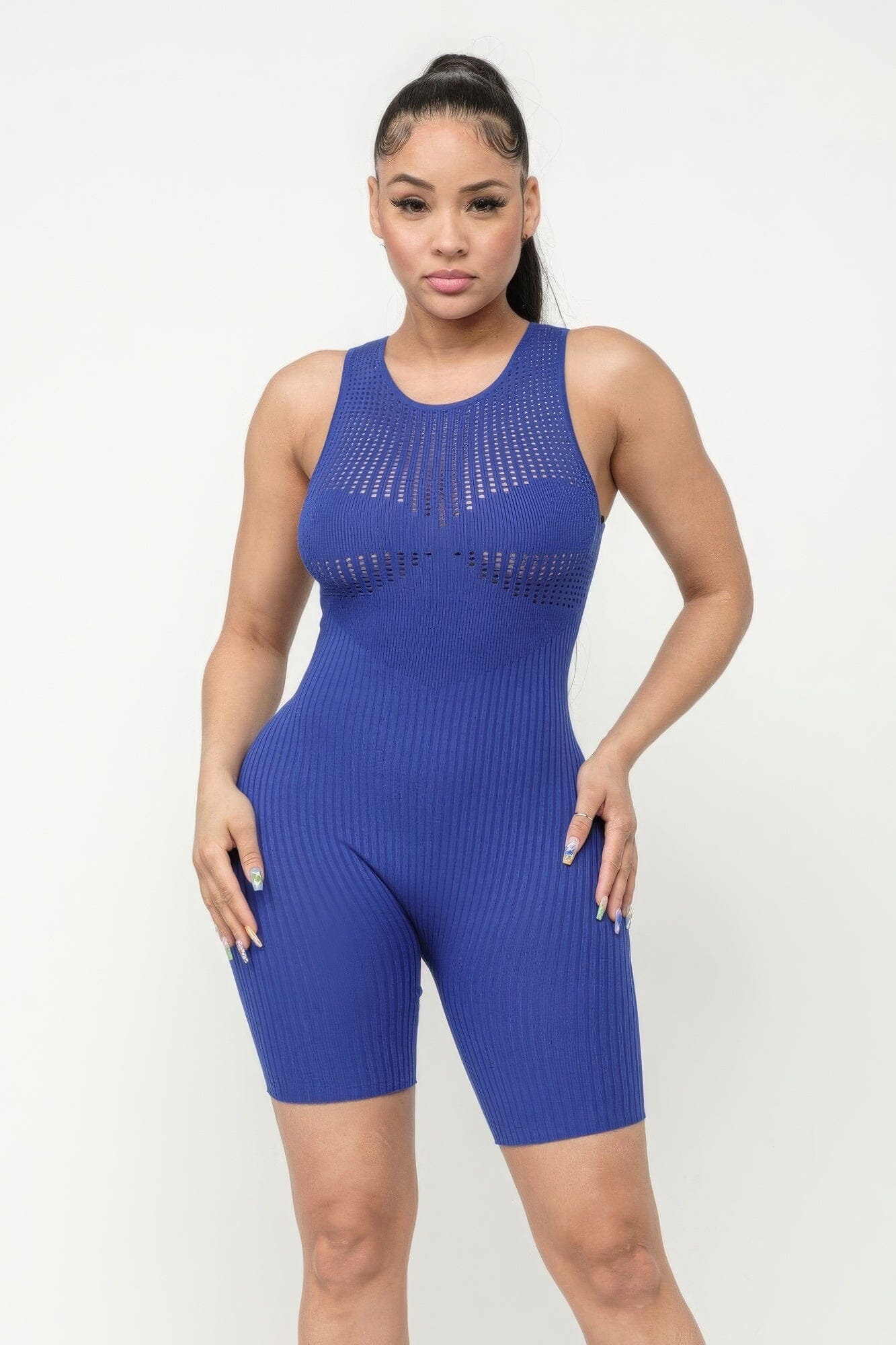 Cobalt Blue Poinetlle Stitch Romper Jumpsuits & Rompers jehouze