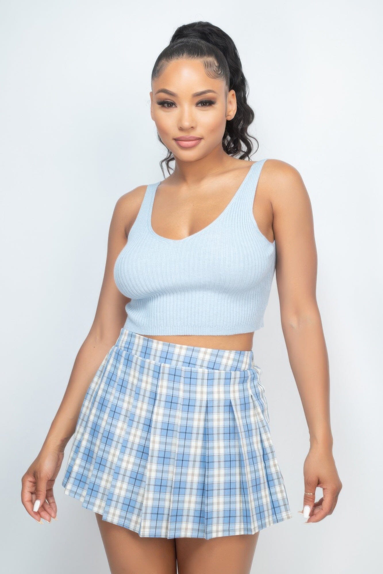 Crop Tank Top & Cardigan Sweater Set jehouze Light blue S