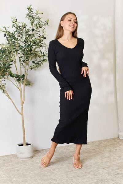 Culture Code Black Ribbed Long Sleeve Midi Slit Dress Dresses jehouze Black S 