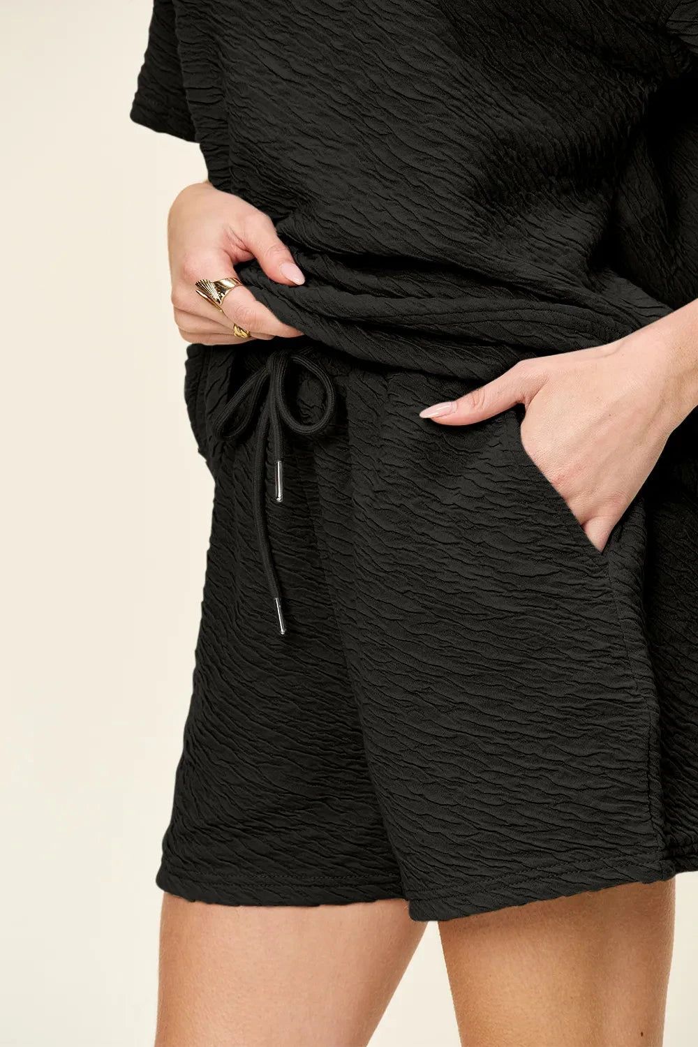 Double Take 2 pcs Texture Short Sleeve T-Shirt and Drawstring Shorts Set Outfit Sets jehouze