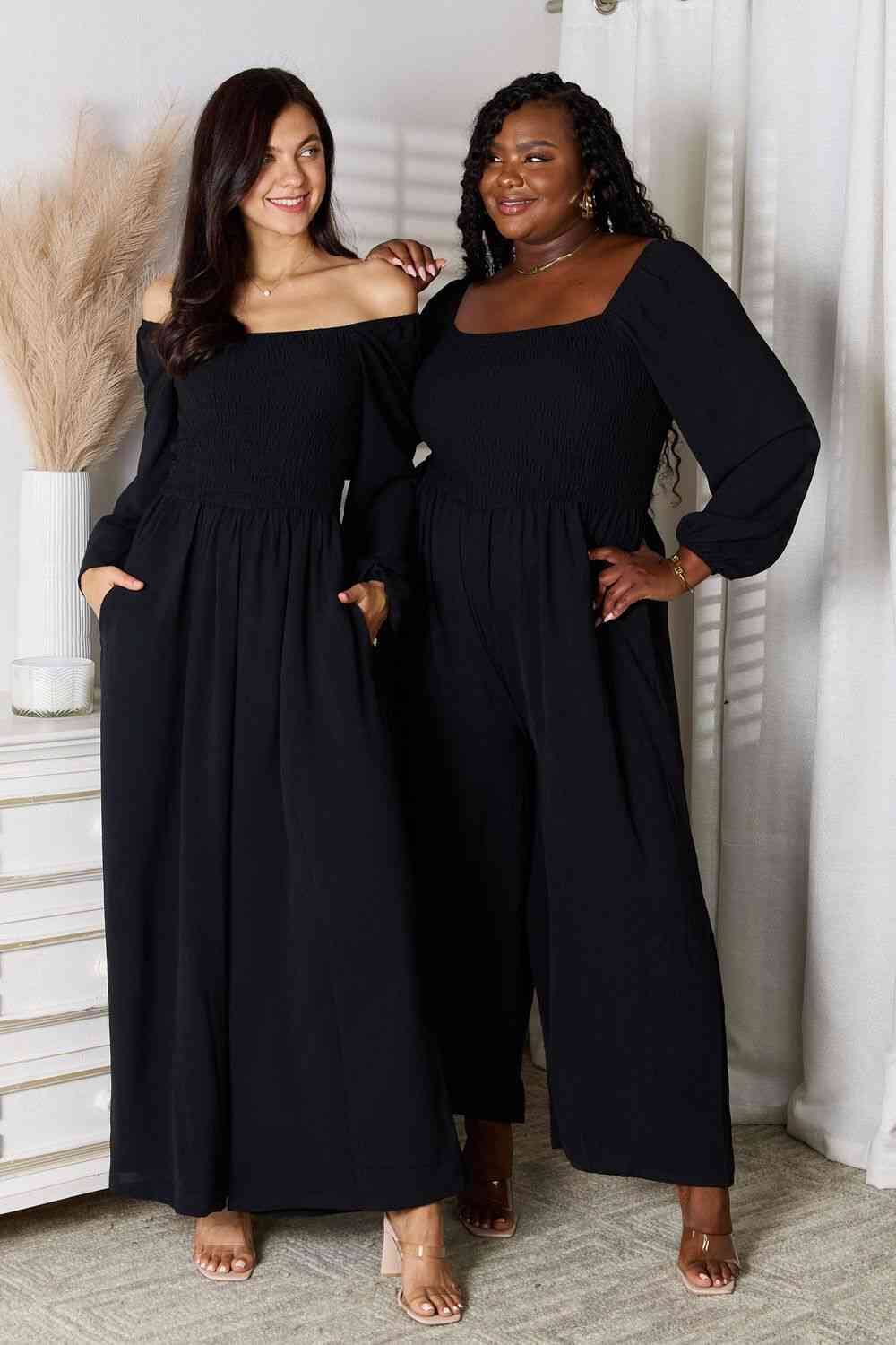 Double Take Black Smocked Square Neck Jumpsuit with Pockets Jumpsuits & Rompers jehouze 