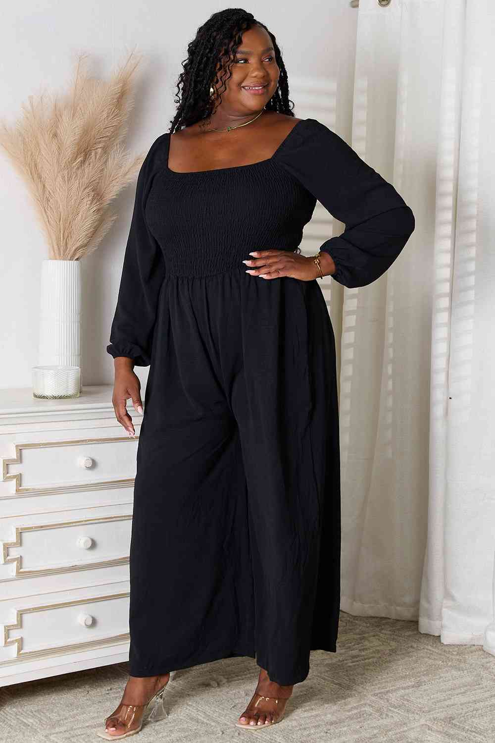 Double Take Black Smocked Square Neck Jumpsuit with Pockets Jumpsuits & Rompers jehouze 