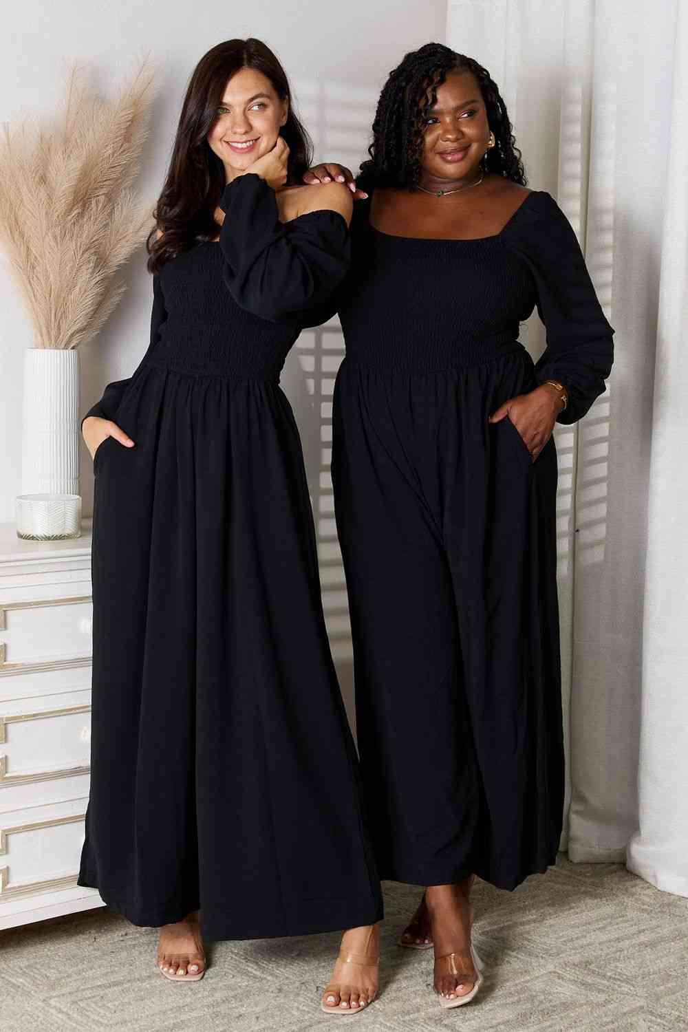 Double Take Black Smocked Square Neck Jumpsuit with Pockets Jumpsuits & Rompers jehouze Black S 
