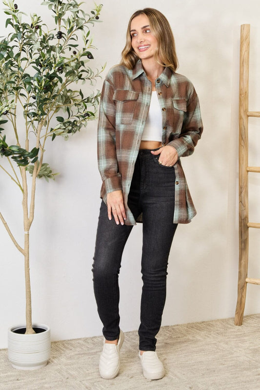 Double Take Olive Brown Plaid Dropped Shoulder Shirt Shirts & Tops jehouze Olive Brown S 