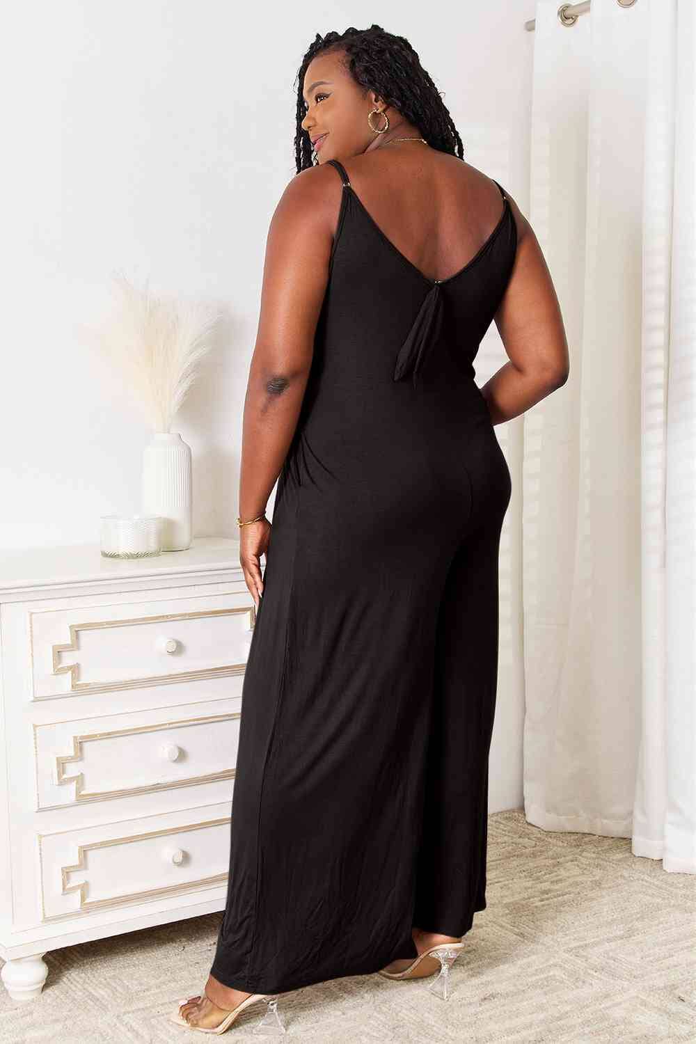 Double Take Soft Rayon Spaghetti Strap Tied Wide Leg Jumpsuit Jumpsuits & Rompers jehouze