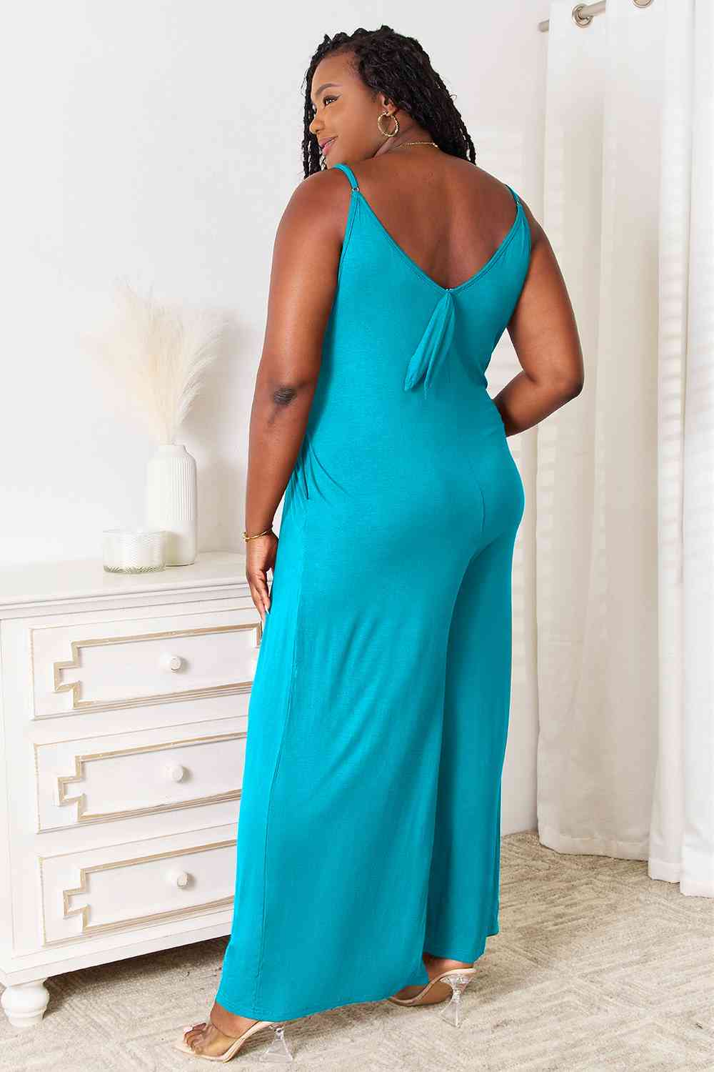 Double Take Soft Rayon Spaghetti Strap Tied Wide Leg Jumpsuit Jumpsuits & Rompers jehouze