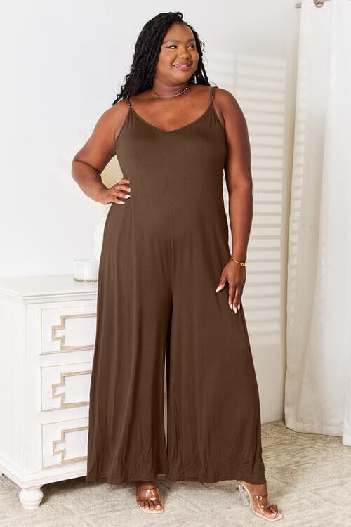 Double Take Soft Rayon Spaghetti Strap Tied Wide Leg Jumpsuit Jumpsuits & Rompers jehouze