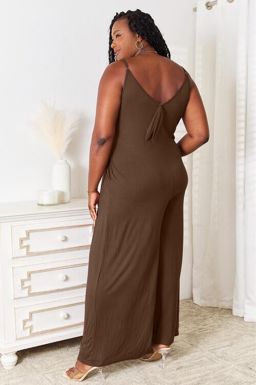 Double Take Soft Rayon Spaghetti Strap Tied Wide Leg Jumpsuit Jumpsuits & Rompers jehouze